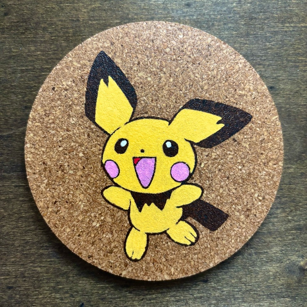 Pichu Laser Engraved Painted Cork Coaster